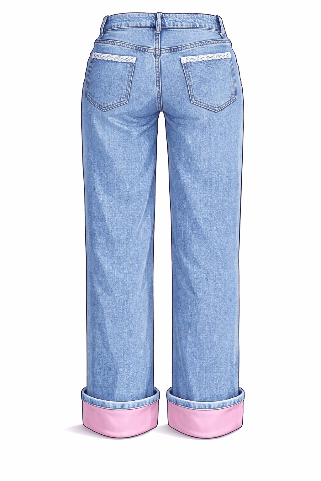 HEM PINK. Pantalón azul tiro bajo, con dobladillo en rosa palo.