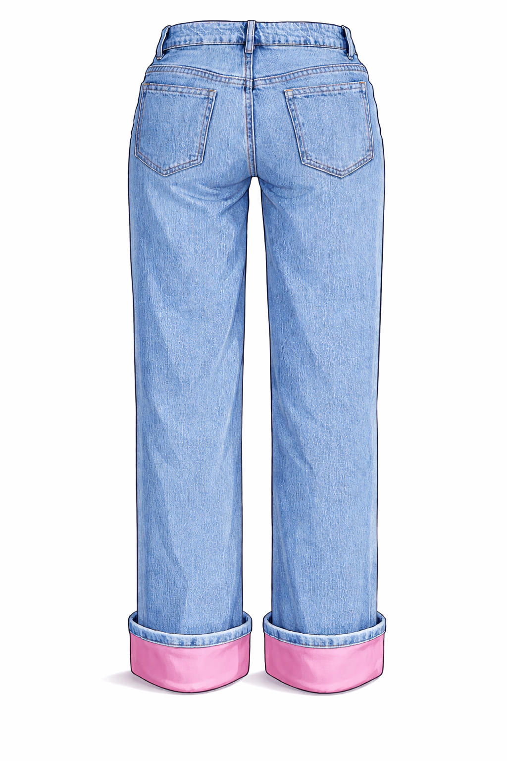 HEM PINK. Pantalón azul tiro bajo, con dobladillo en rosa palo.