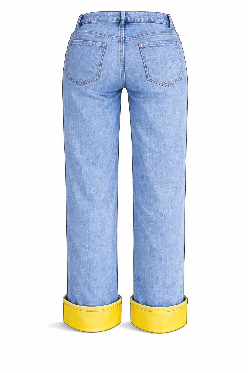 HEM YELLOW. Pantalón azul tiro bajo, con dobladillo en amarillo.