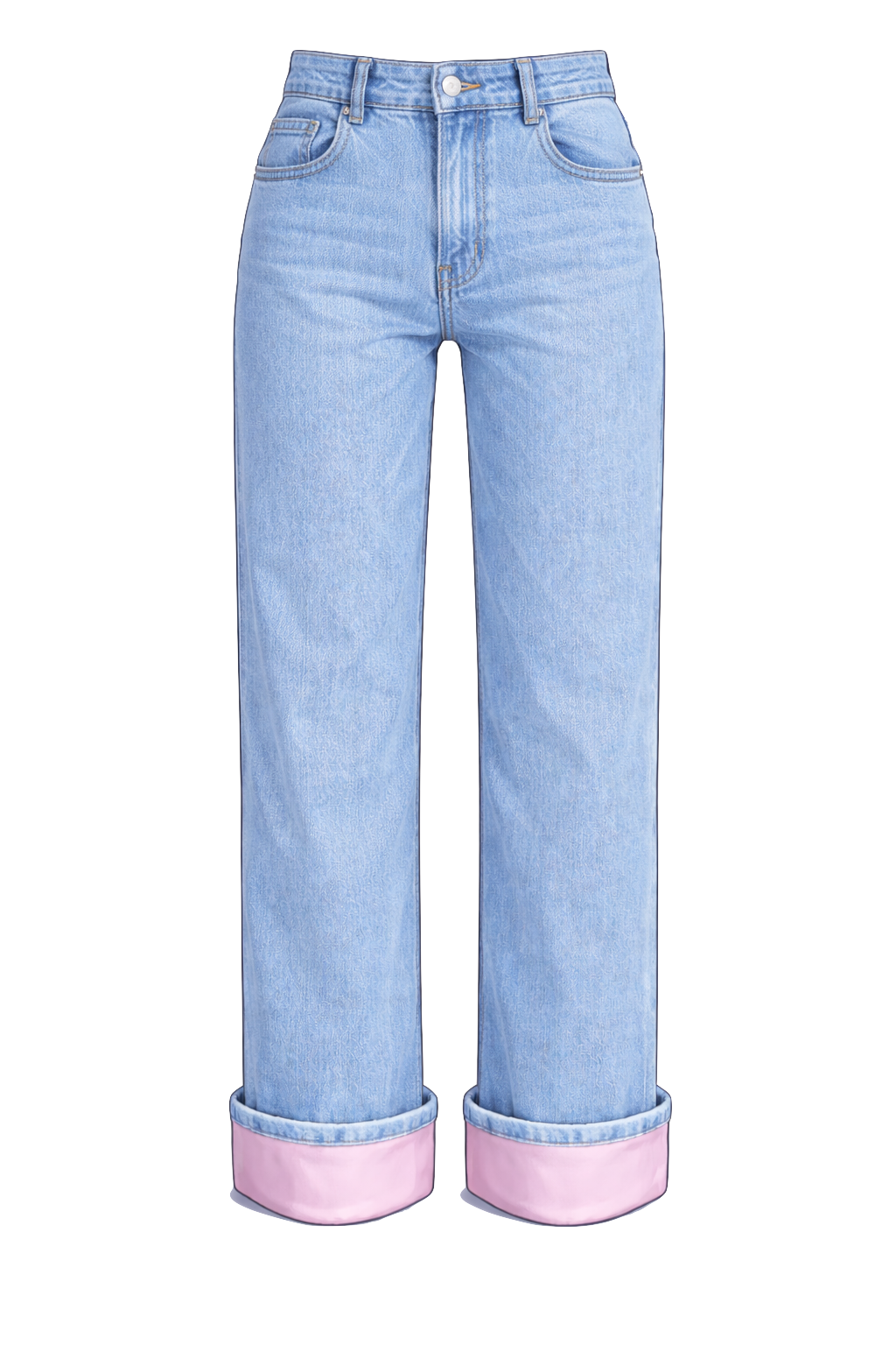 HEM PINK. Pantalón azul tiro bajo, con dobladillo en rosa palo.