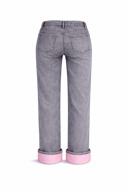HEM PINK. Pantalón gris tiro bajo, con dobladillo en rosa palo.